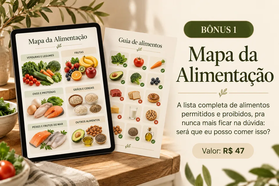 Bônus 1, Mapa da Alimentação: a lista completa de alimentos permitidos e proibidos. Valor: R$ 47.