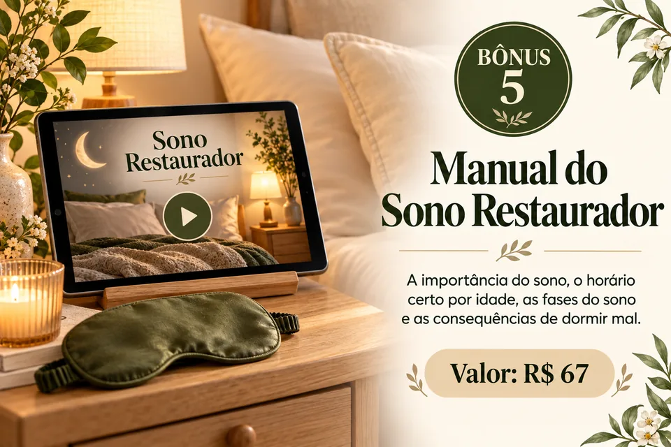 Bônus 5, Manual do Sono Restaurador: a importância do sono, o horário certo por idade, as fases do sono e as consequências de dormir mal. Valor: R$ 67.